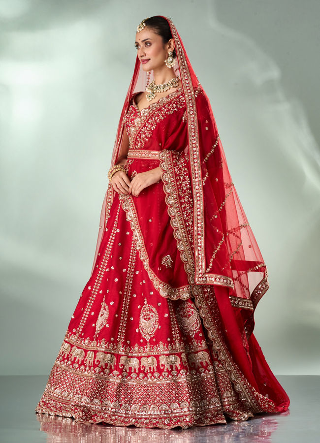 Mohey Women Red Silk Bridal Lehenga with Zari Work
