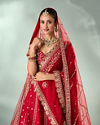 Mohey Women Red Silk Bridal Lehenga with Zari Work
