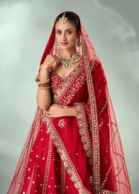 Mohey Women Red Silk Bridal Lehenga with Zari Work