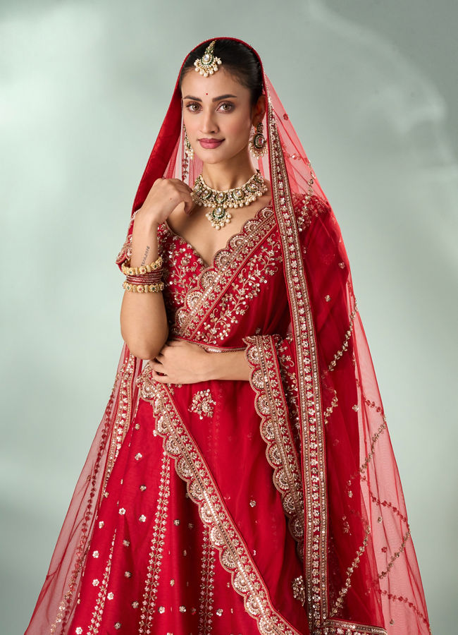 Mohey Women Red Silk Bridal Lehenga with Zari Work