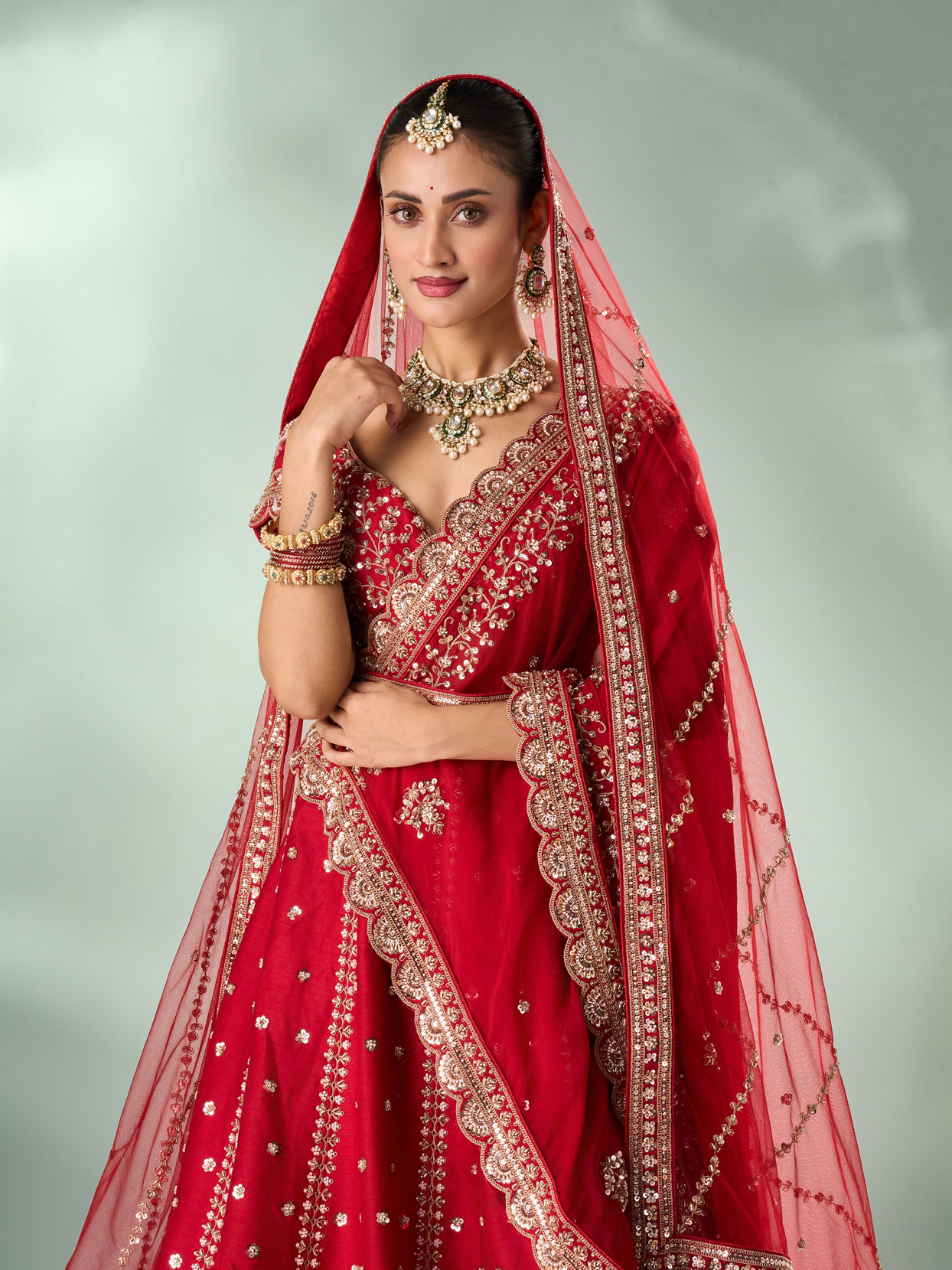 Mohey Women Red Silk Bridal Lehenga with Zari Work