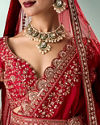 Mohey Women Red Silk Bridal Lehenga with Zari Work