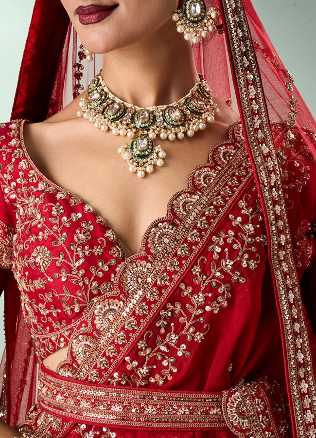 Mohey Women Red Silk Bridal Lehenga with Zari Work