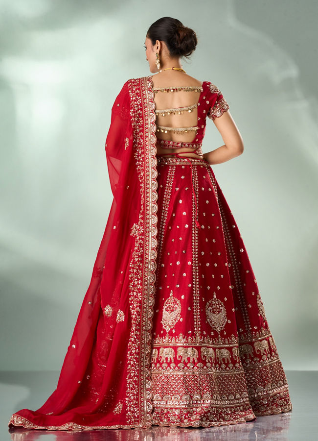 Mohey Women Red Silk Bridal Lehenga with Zari Work