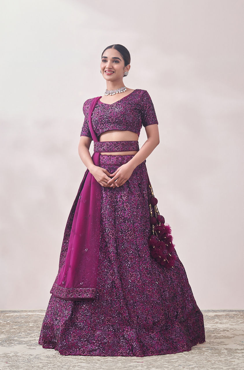 Mohey Women Windsor Wine Sequined Cocktail Lehenga