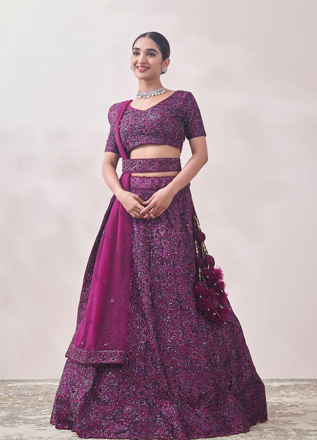 Mohey Women Windsor Wine Sequined Cocktail Lehenga