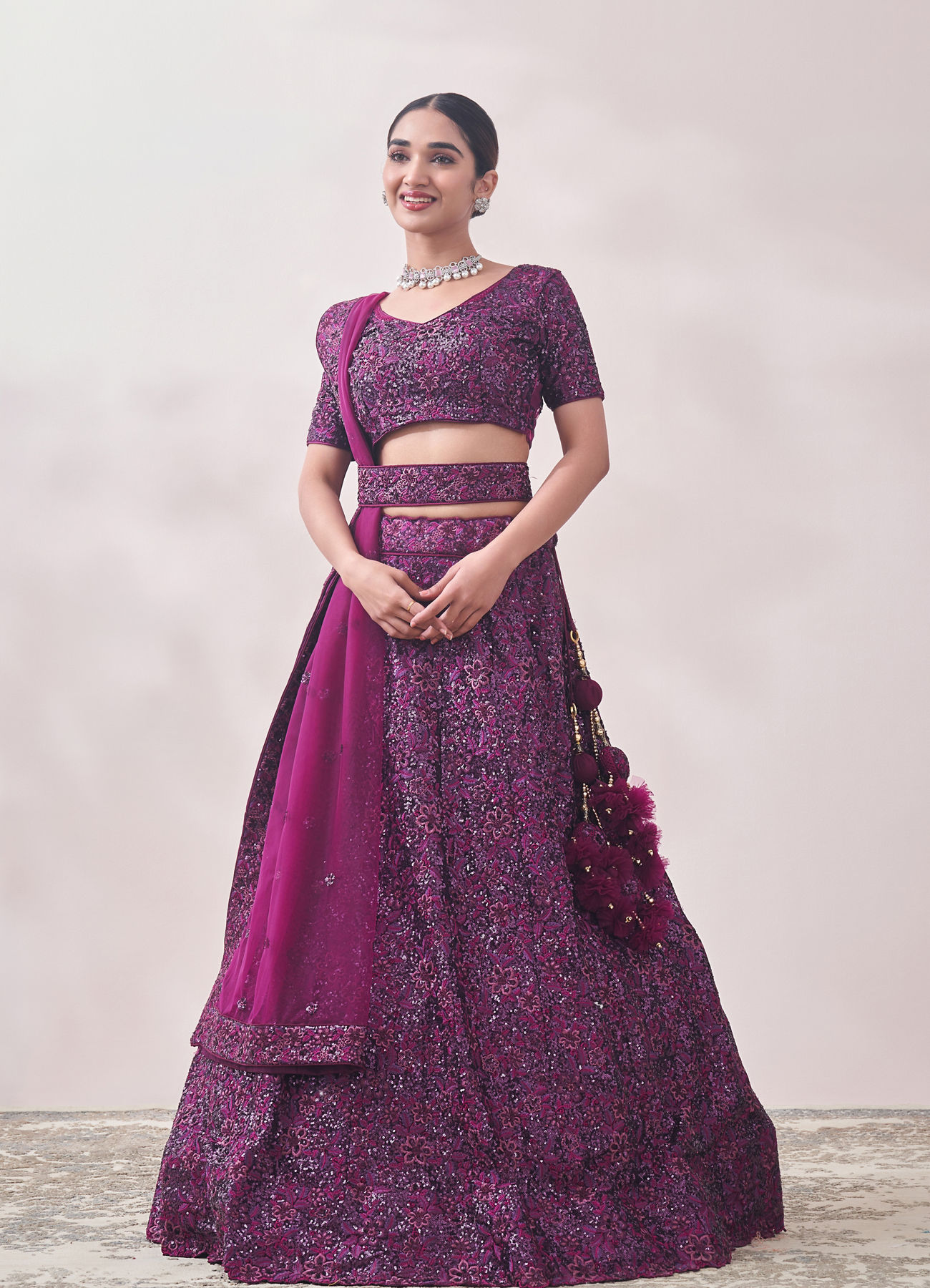 Mohey Women Windsor Wine Sequined Cocktail Lehenga