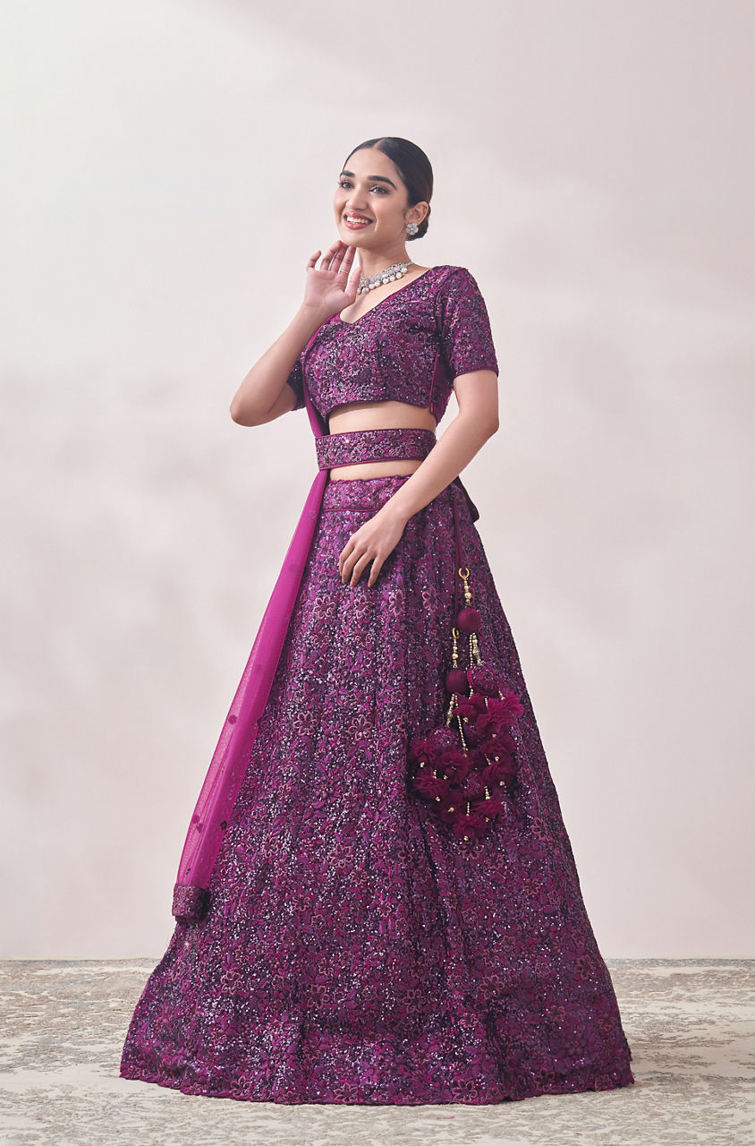 Mohey Women Windsor Wine Sequined Cocktail Lehenga