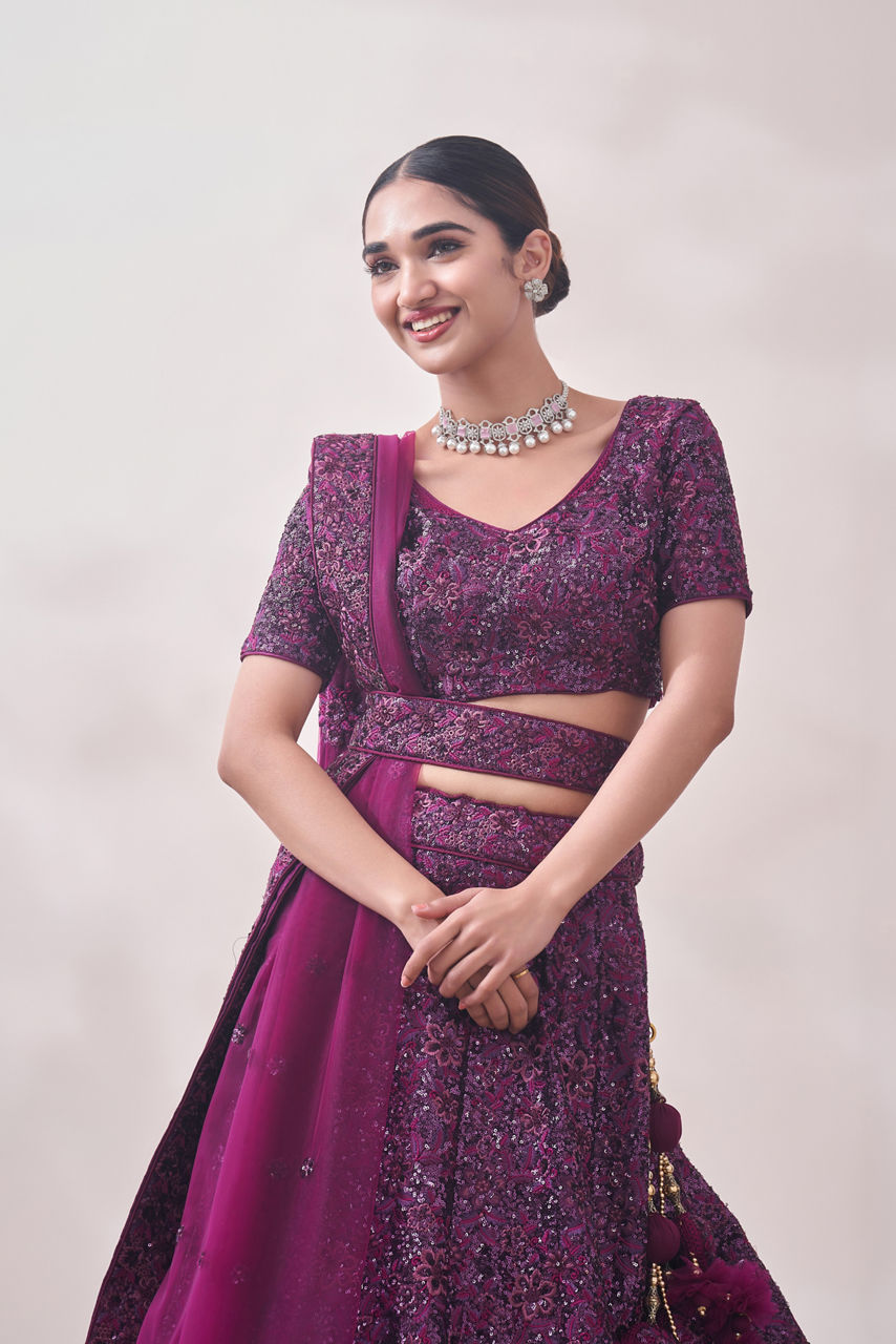 Mohey Women Windsor Wine Sequined Cocktail Lehenga