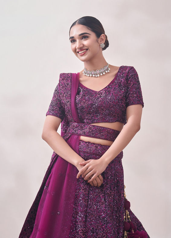 Mohey Women Windsor Wine Sequined Cocktail Lehenga