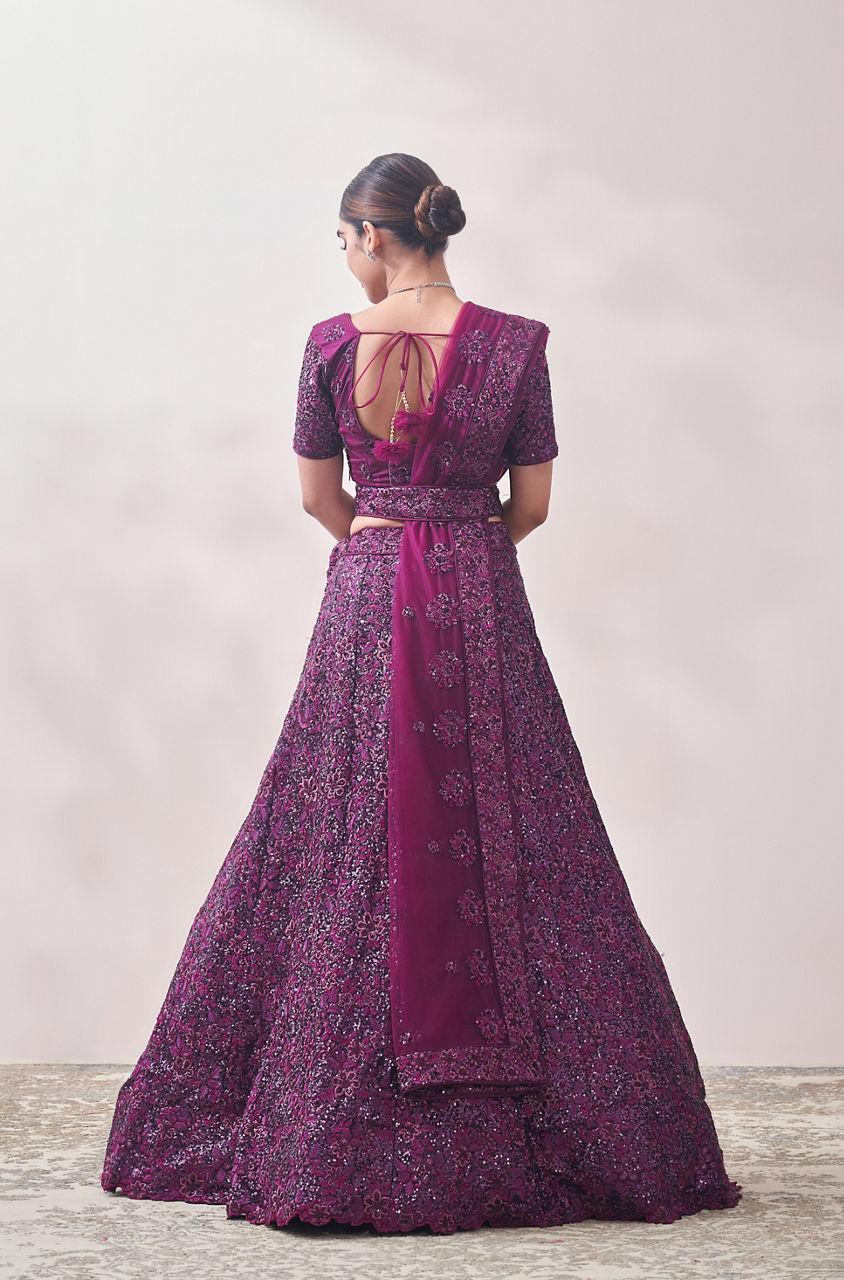 Mohey Women Windsor Wine Sequined Cocktail Lehenga