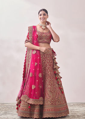 Aurora Red Floral and Paisley Patterned Bridal Lehenga image number 0