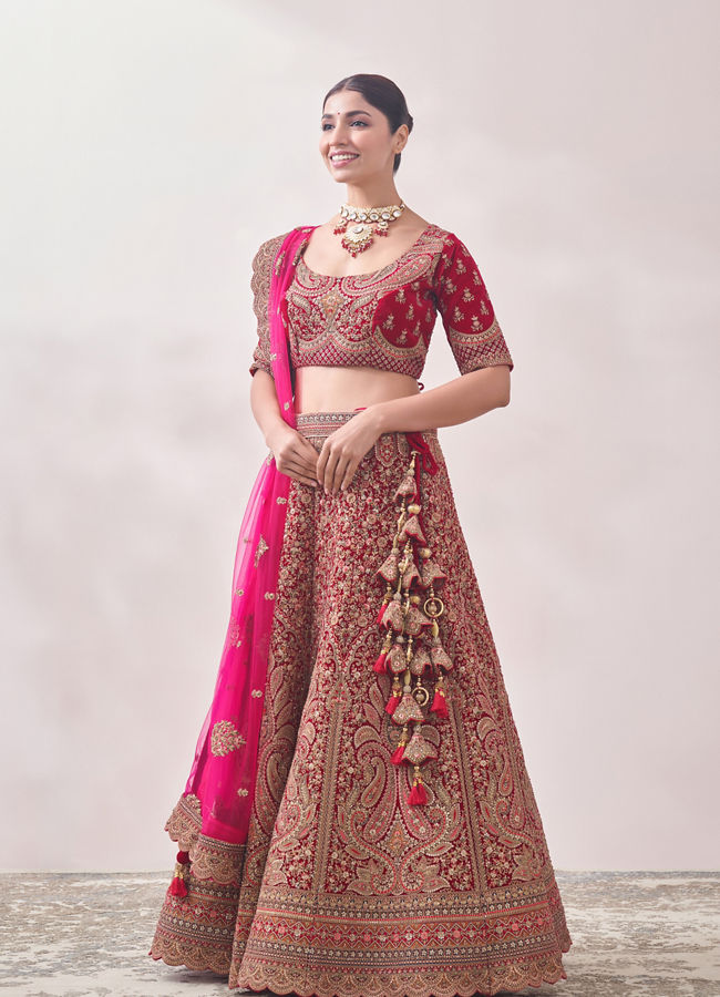 Aurora Red Floral and Paisley Patterned Bridal Lehenga image number 2