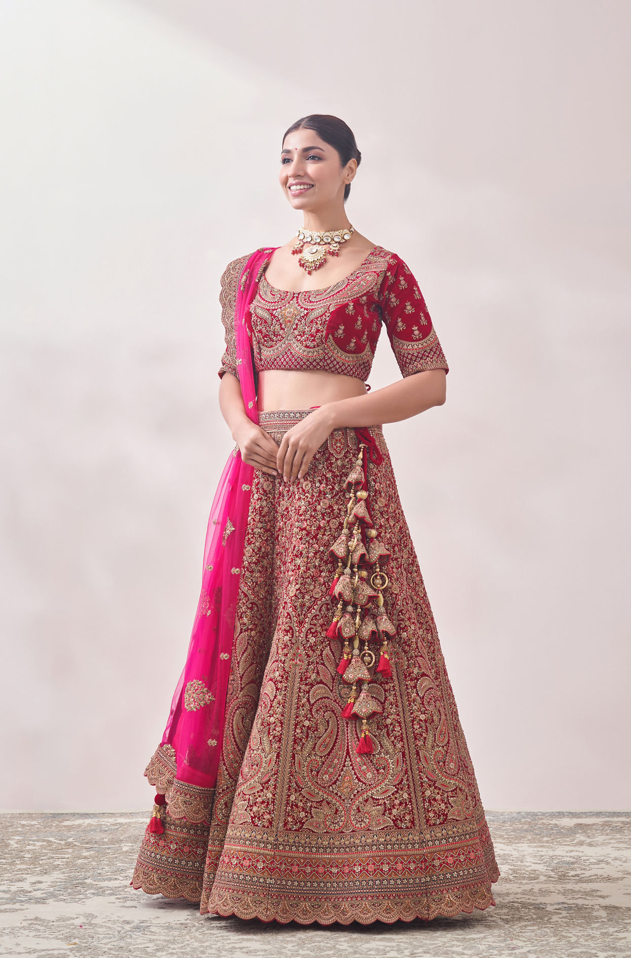 Aurora Red Floral and Paisley Patterned Bridal Lehenga image number 2