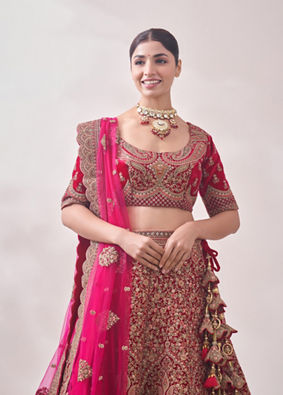 Aurora Red Floral and Paisley Patterned Bridal Lehenga image number 0