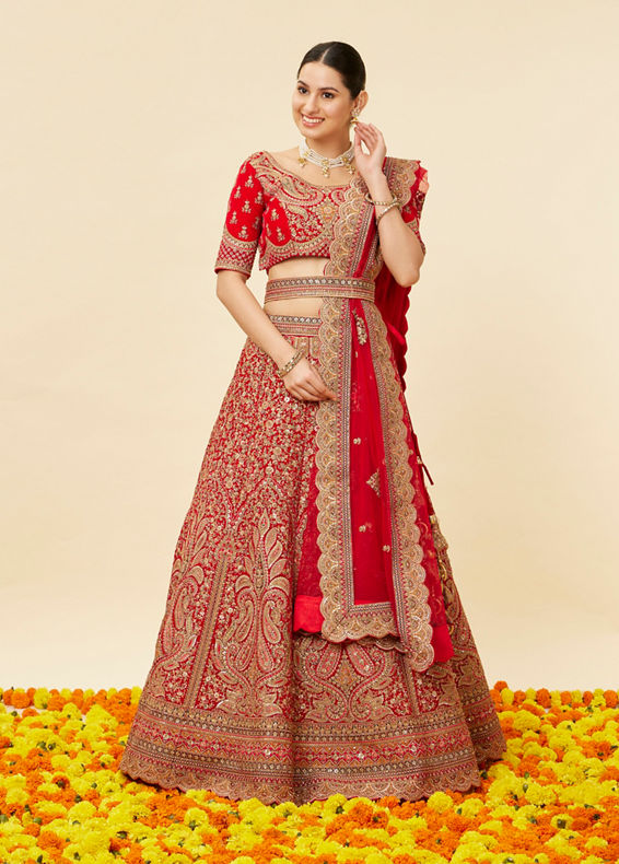 Mohey Women Rose Red Bel Buti Embroidered Bridal Lehenga