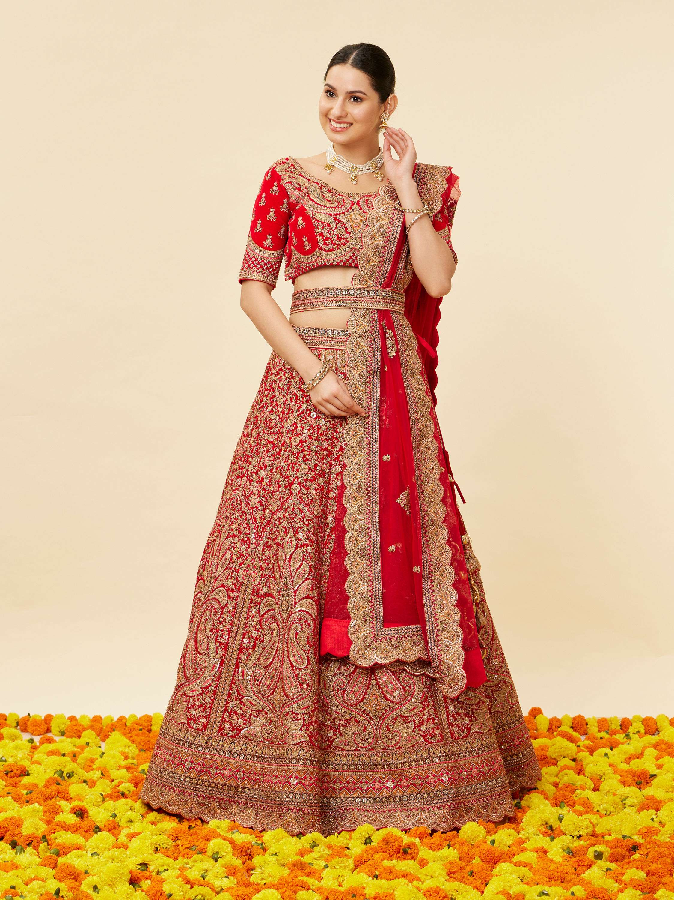 Mohey Women Rose Red Bel Buti Embroidered Bridal Lehenga