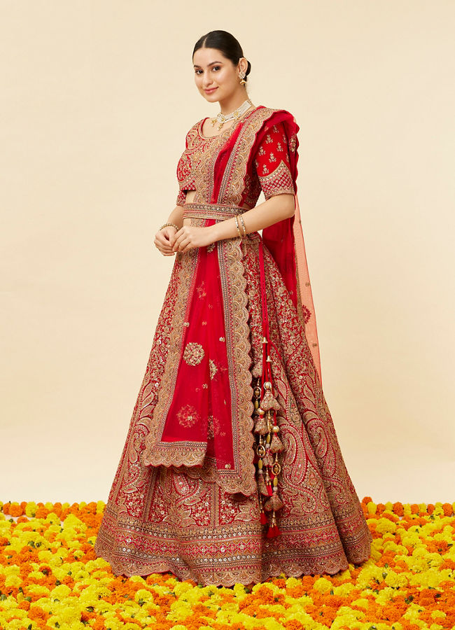 Rose Red Bel Buti Embroidered Bridal Lehenga image number 2