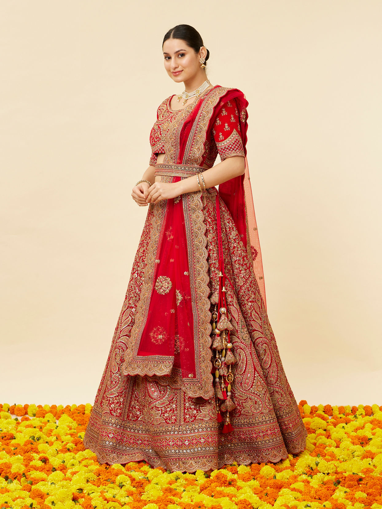 Mohey Women Rose Red Bel Buti Embroidered Bridal Lehenga