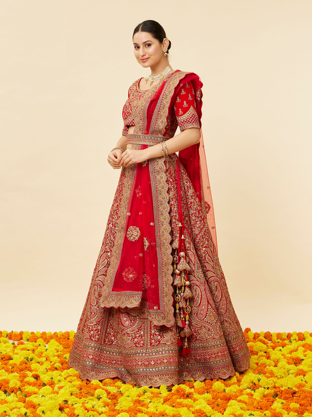 Rose Red Bel Buti Embroidered Bridal Lehenga image number 2