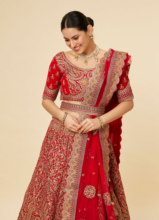 Rose Red Bel Buti Embroidered Bridal Lehenga image number 1