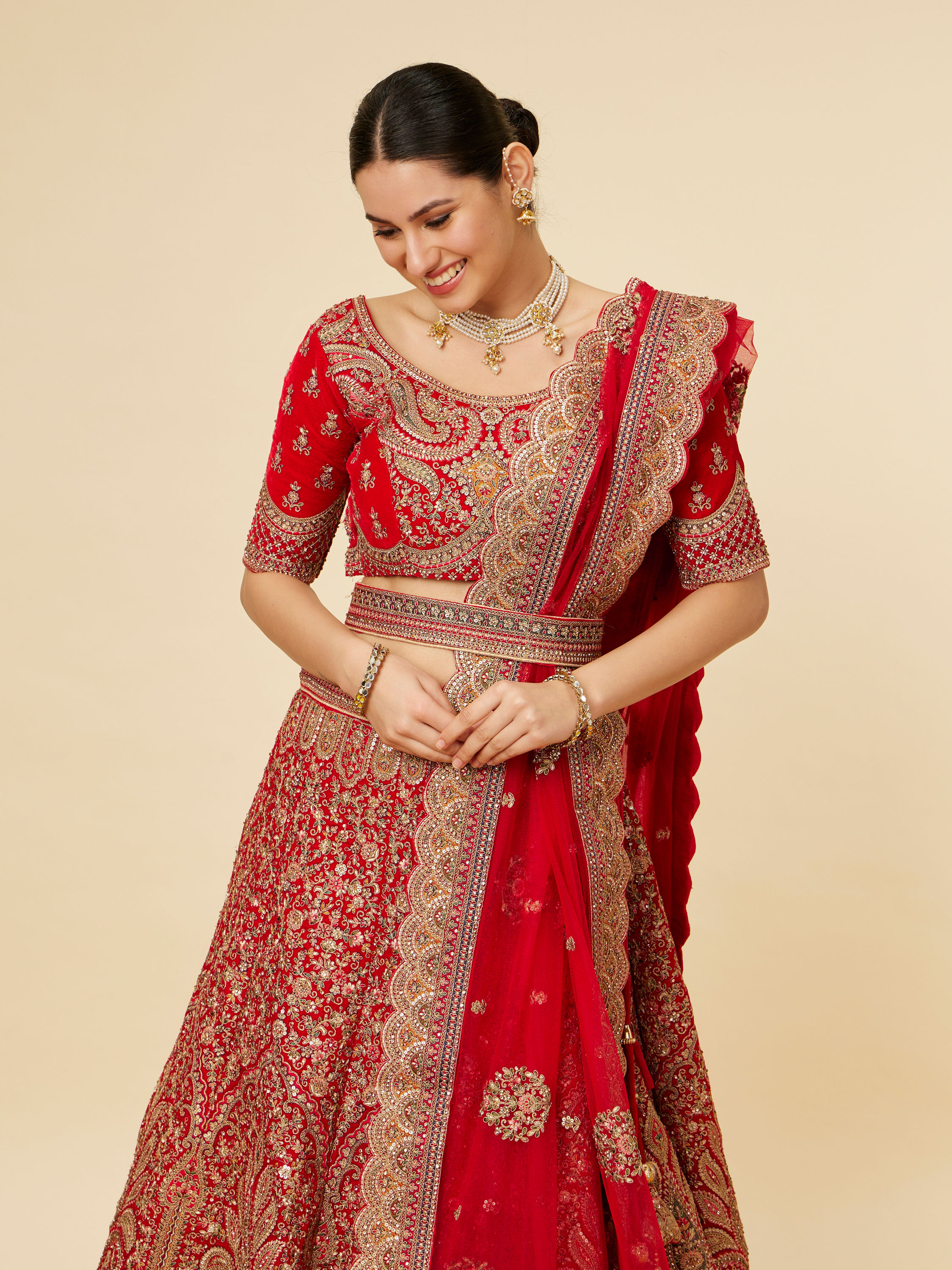 Mohey Women Rose Red Bel Buti Embroidered Bridal Lehenga