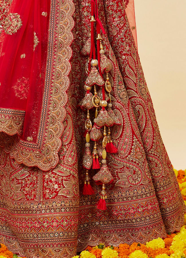 Mohey Women Rose Red Bel Buti Embroidered Bridal Lehenga