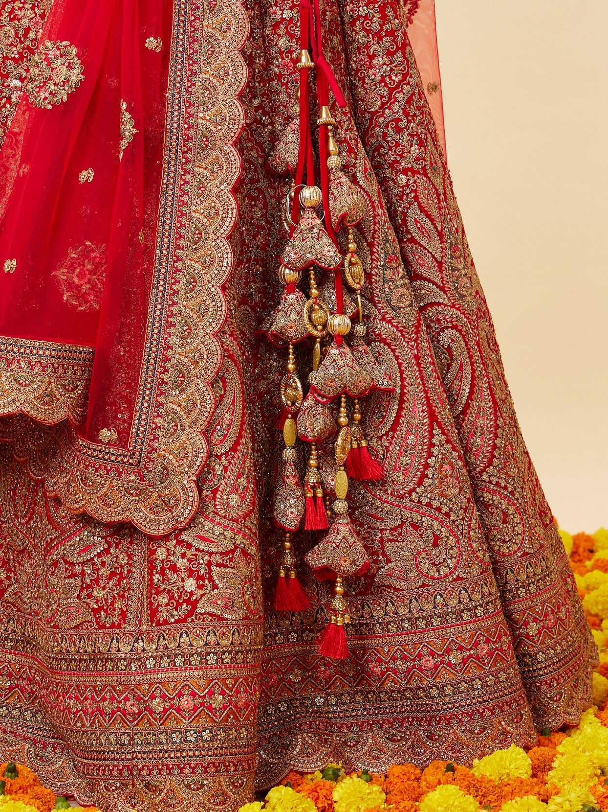 Rose Red Bel Buti Embroidered Bridal Lehenga image number 3