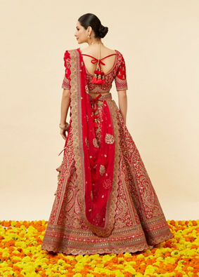Rose Red Bel Buti Embroidered Bridal Lehenga image number 4
