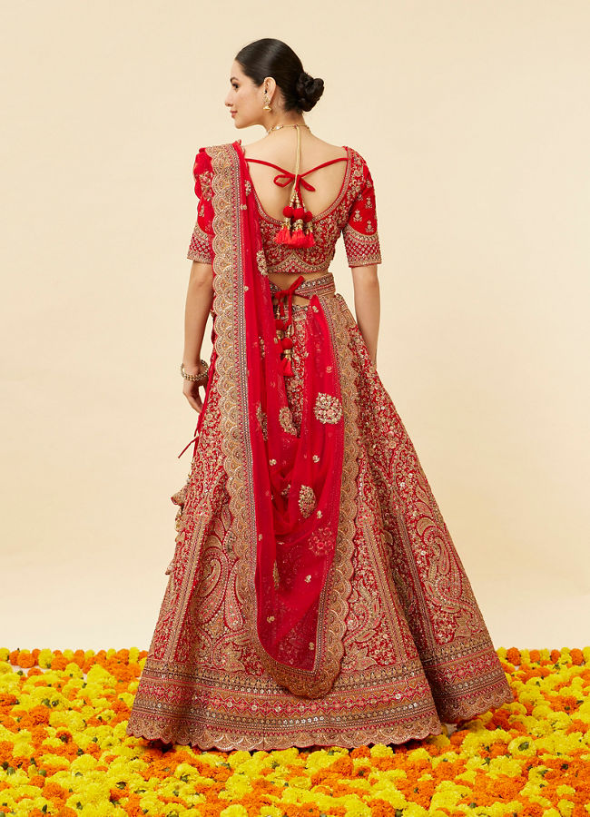 Rose Red Bel Buti Embroidered Bridal Lehenga image number 4