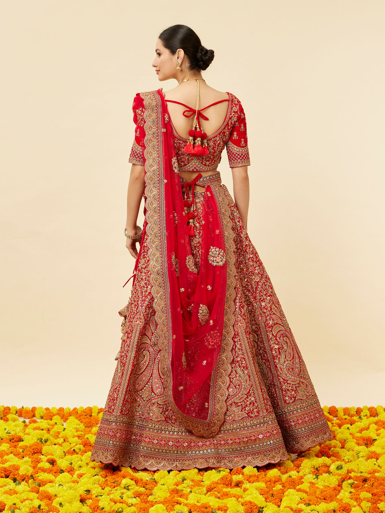 Mohey Women Rose Red Bel Buti Embroidered Bridal Lehenga