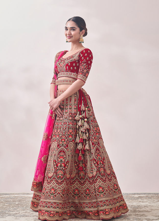 Buy Berry Red Floral Patterned Bridal Lehenga Online in India