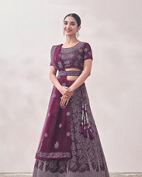 Mohey Women Muave Wine Red Tree Of Life Patterned Bridal Lehenga