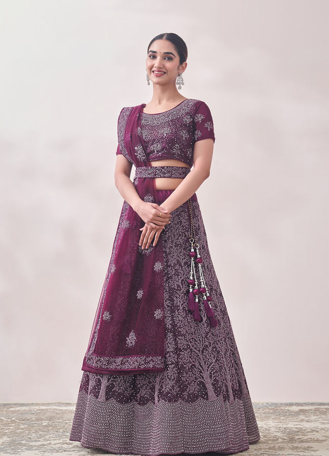 Muave Wine Red Tree Of Life Patterned Bridal Lehenga image number 0