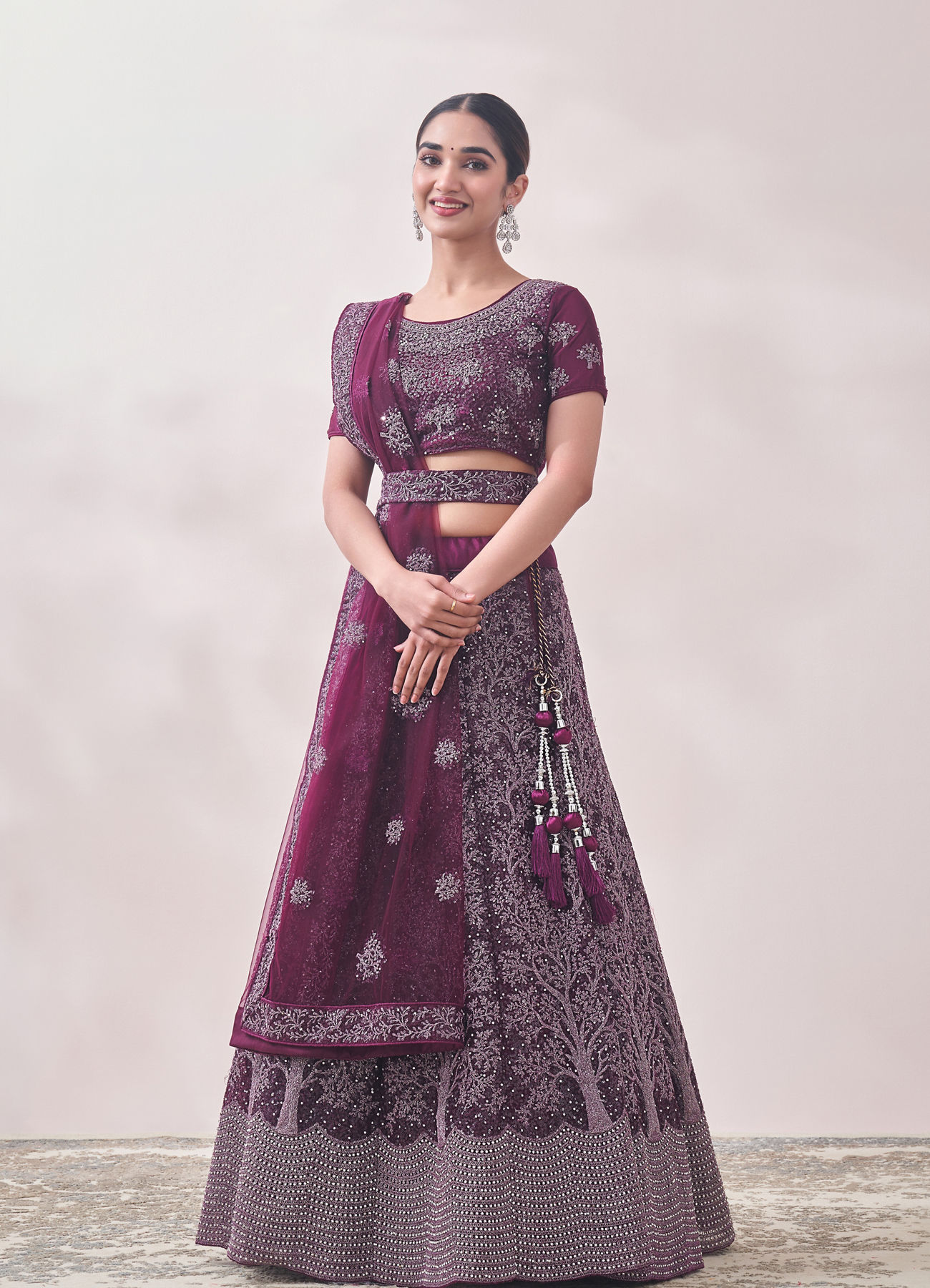 Mohey Women Muave Wine Red Tree Of Life Patterned Bridal Lehenga