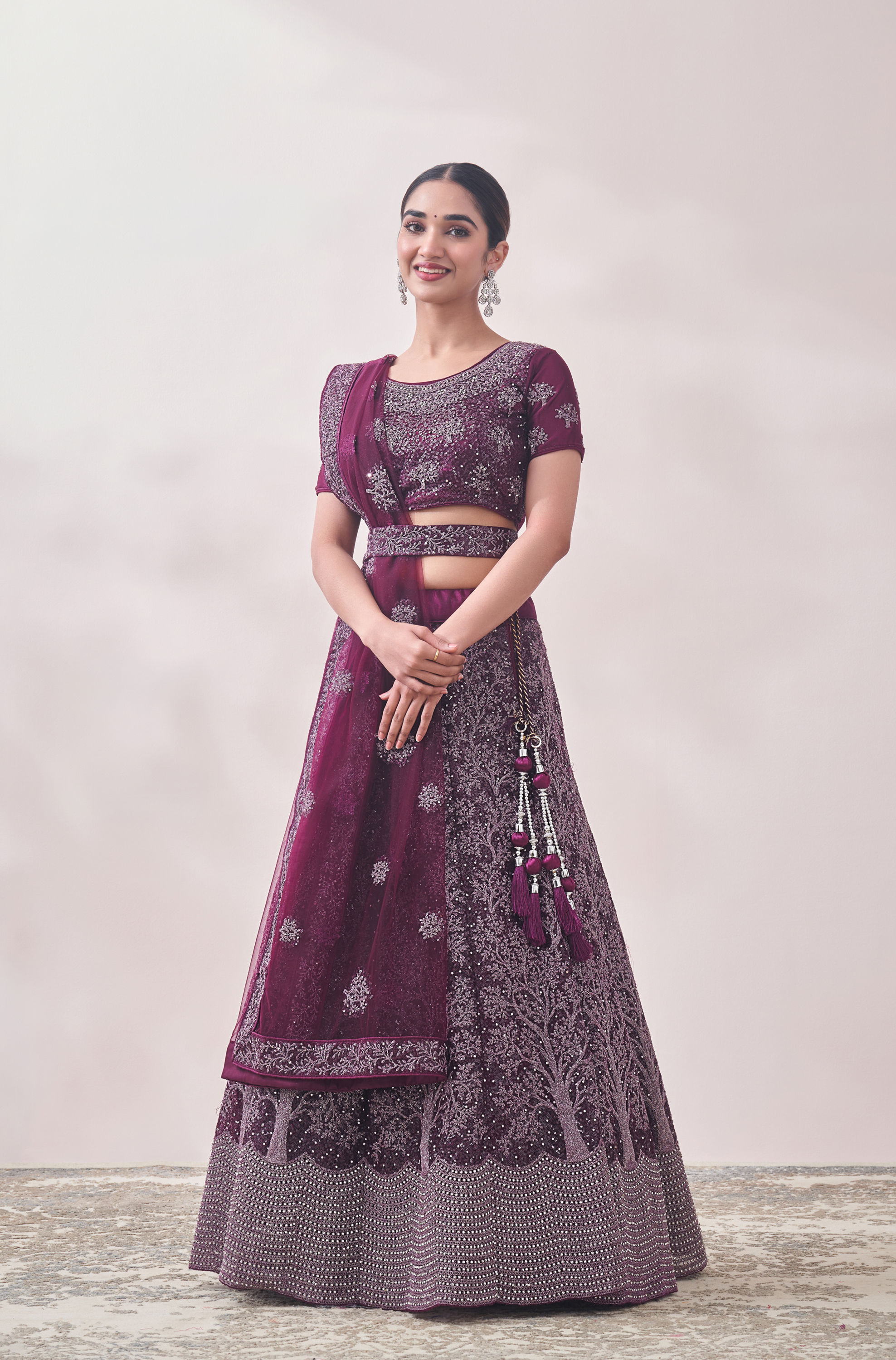 Mohey Women Muave Wine Red Tree Of Life Patterned Bridal Lehenga