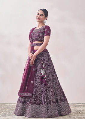 alt message - Mohey Women Muave Wine Red Tree Of Life Patterned Bridal Lehenga image number 2