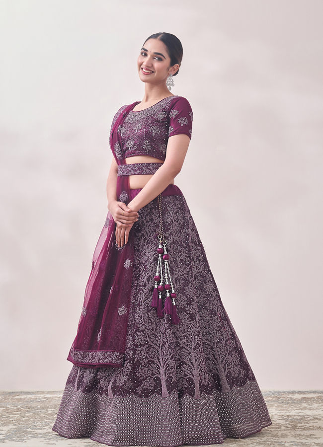 alt message - Mohey Women Muave Wine Red Tree Of Life Patterned Bridal Lehenga image number 2