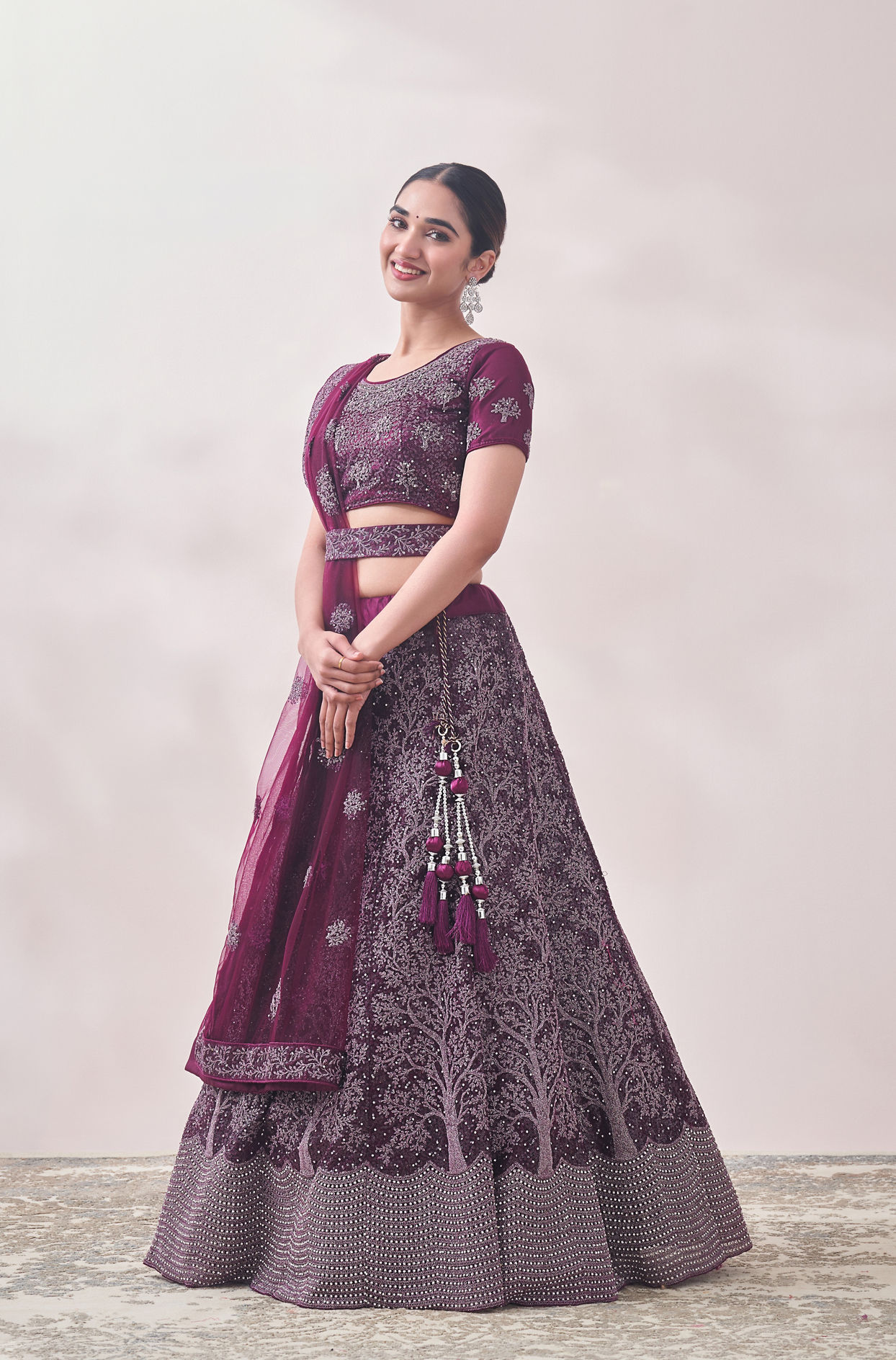 alt message - Mohey Women Muave Wine Red Tree Of Life Patterned Bridal Lehenga image number 2