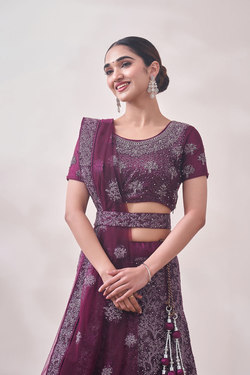 Mohey Women Muave Wine Red Tree Of Life Patterned Bridal Lehenga