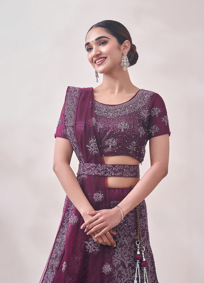 Buy Muave Wine Red Tree Of Life Patterned Bridal Lehenga Online in India Mohey Lehenga for Women