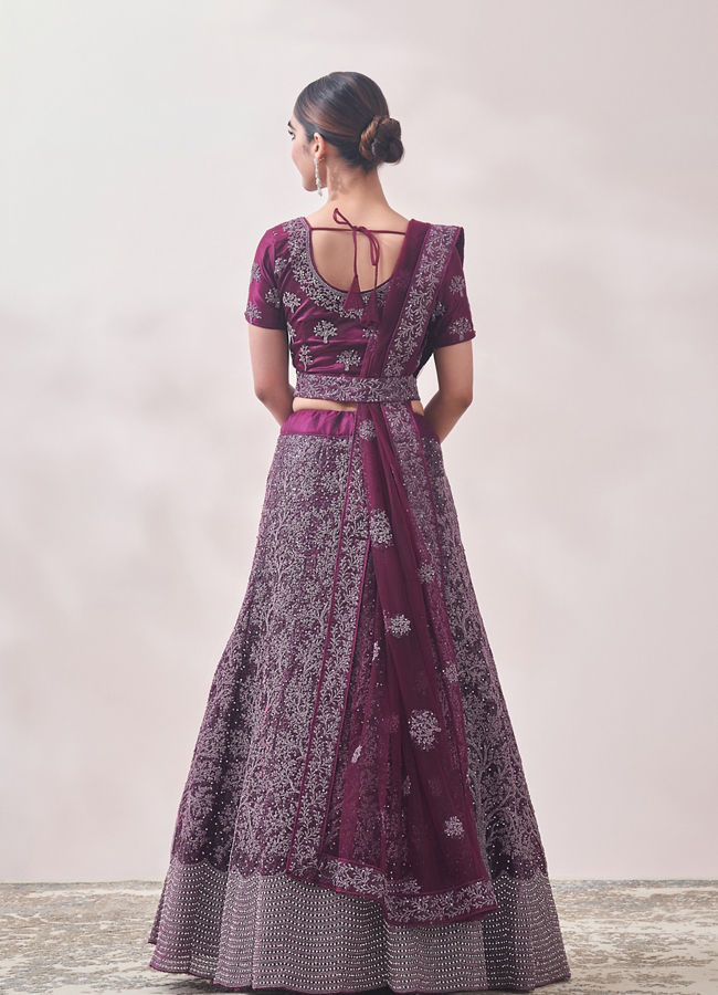 alt message - Mohey Women Muave Wine Red Tree Of Life Patterned Bridal Lehenga image number 3