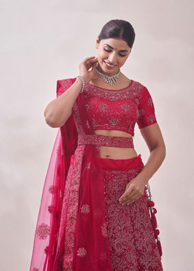 alt message - Mohey Women Pink Sequined Net Lehenga image number 1