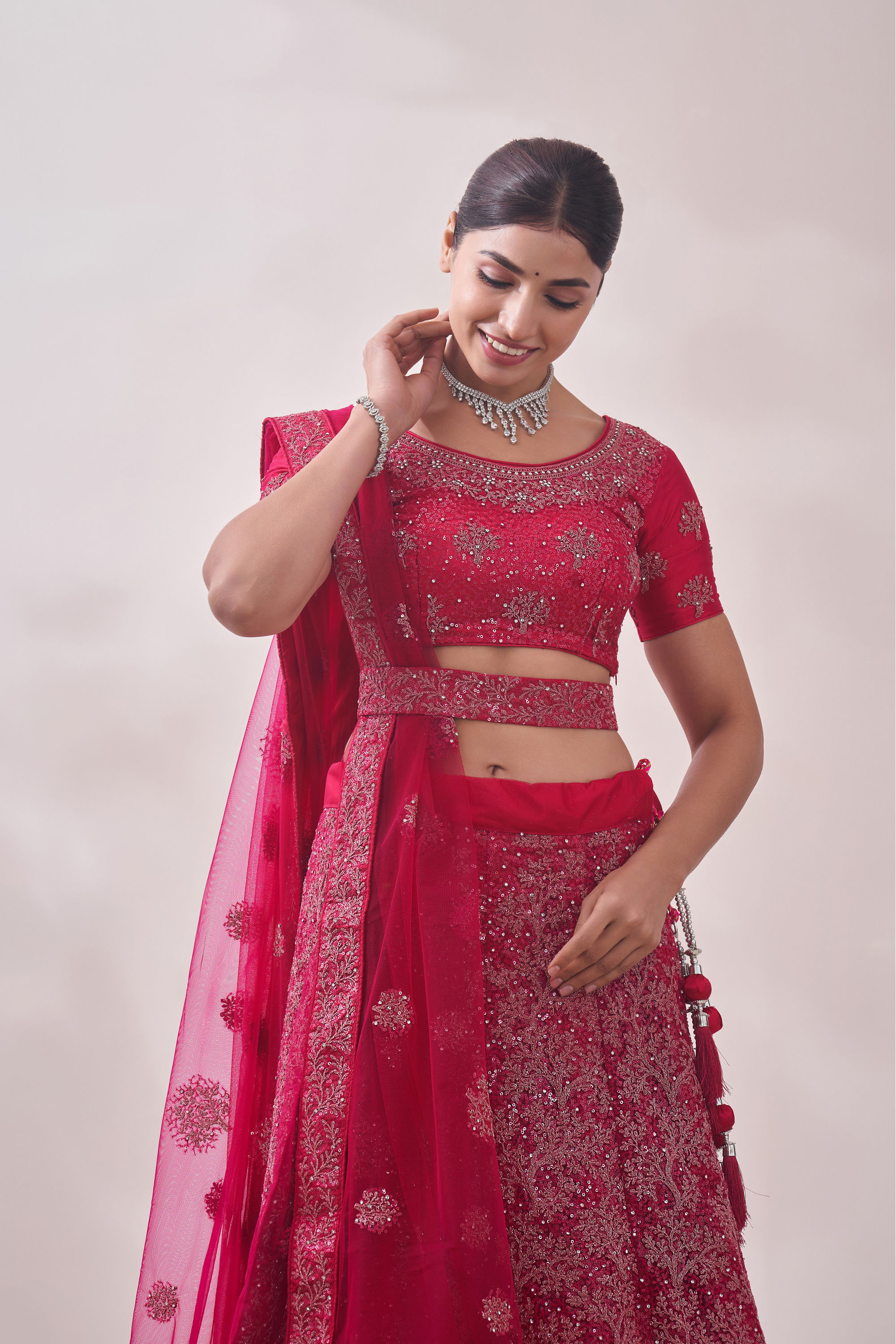 Mohey Women Pink Sequined Net Lehenga