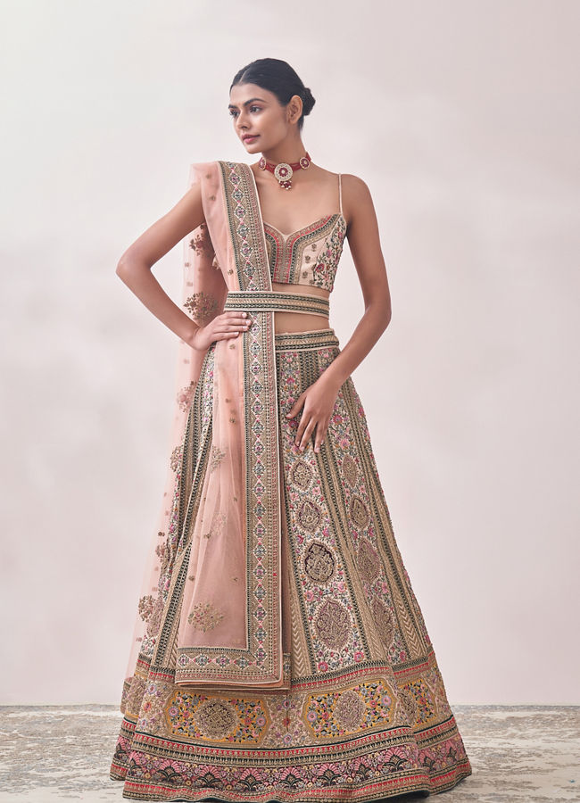 Cream Pink Floral Patterned Bridal Lehenga image number 0