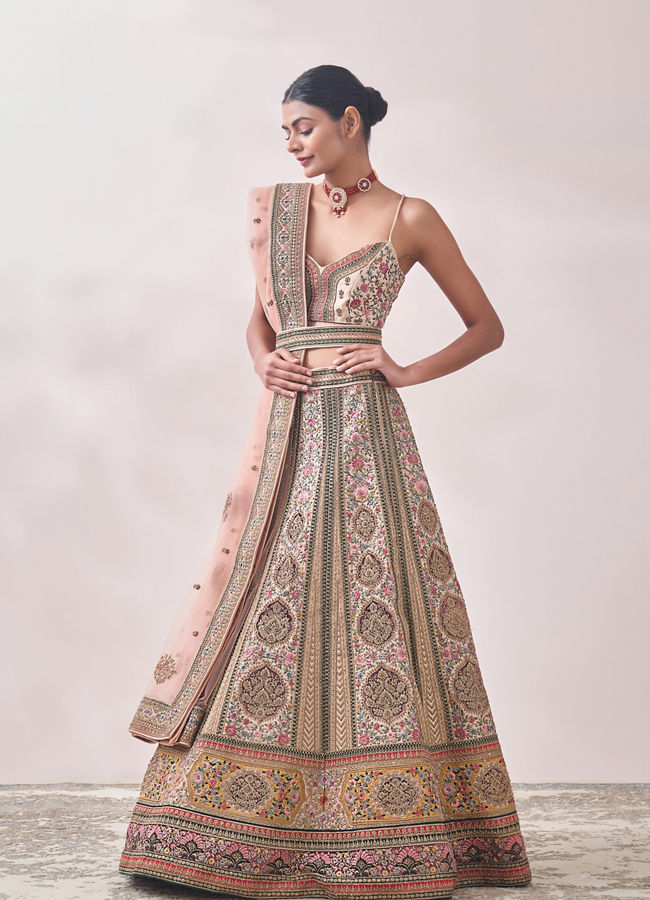 Cream Pink Floral Patterned Bridal Lehenga image number 2