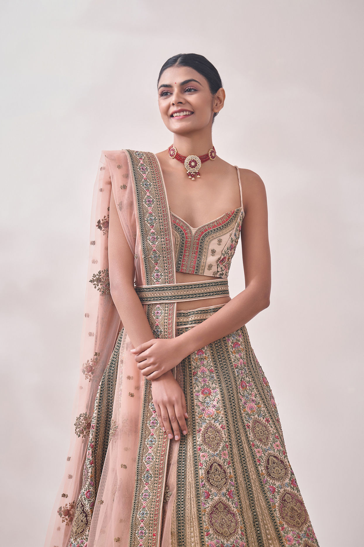 Mohey Women Cream Pink Floral Patterned Bridal Lehenga