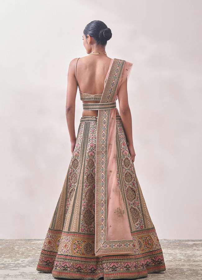 Mohey Women Cream Pink Floral Patterned Bridal Lehenga