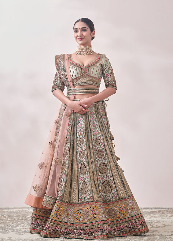 Mohey Women Pistachio Green Floral Patterned Bridal Lehenga
