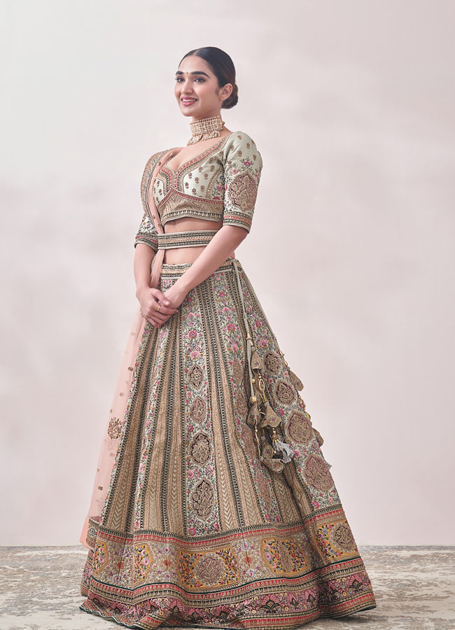 Pistachio Green Floral Patterned Bridal Lehenga